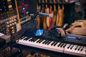 Home music studio with keyboard and microphone