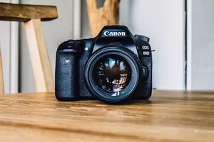 DSLR camera on a wooden table