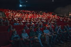 Rows of red cinema seats